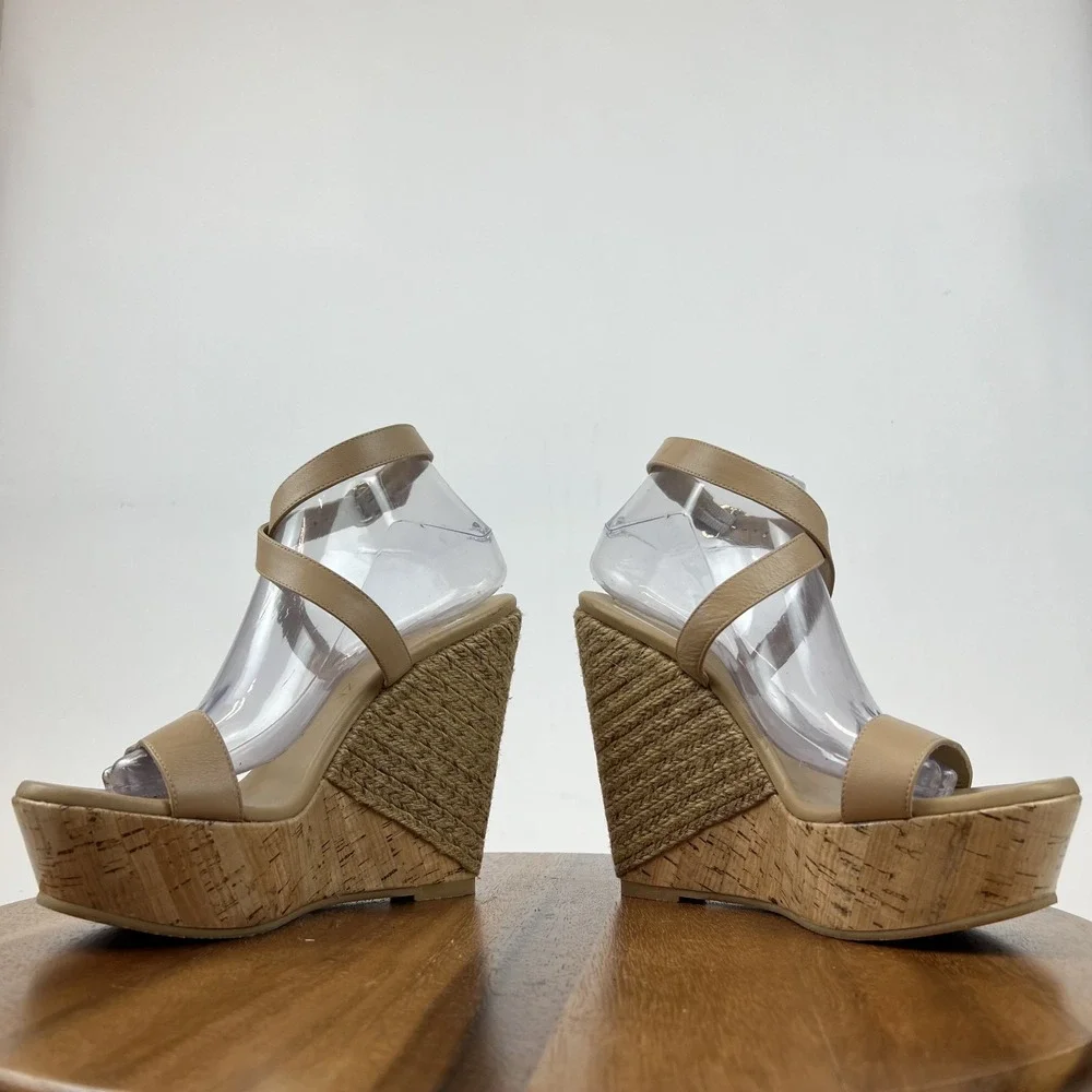 New Womens Stuart Weitzman 5050 Beige Leather Raffia Platform Wedge Sandals Sz 9